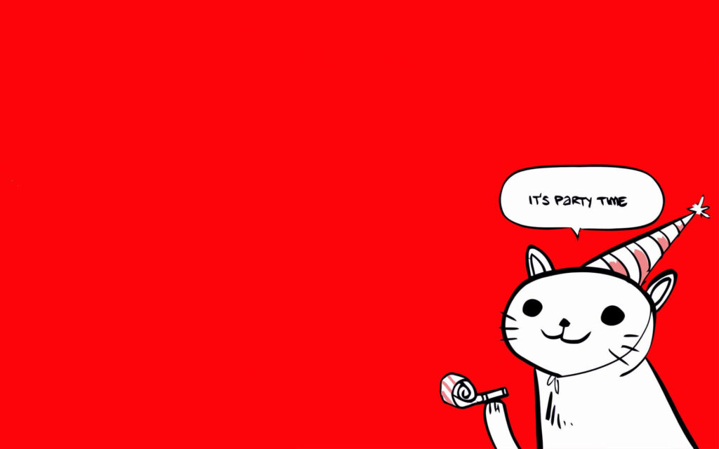 Minimalist cat meme wallpaper with hand-drawn cat in party hat blowing party horn on red background