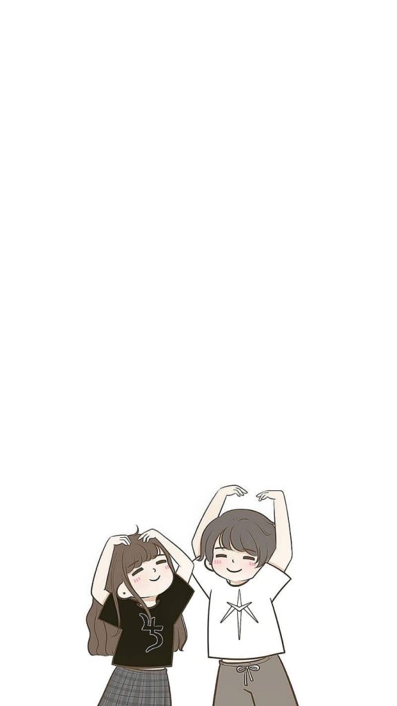 Minimalist cartoon couple making heart shape with arms romantic wallpaper for couples device