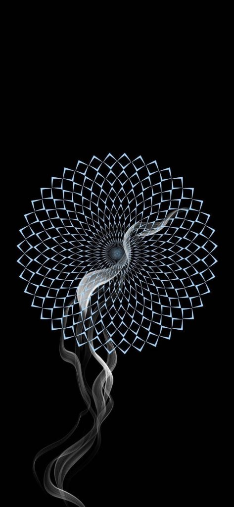 Minimalist cyan geometric flower with ethereal smoke trail on black iPhone wallpaper background