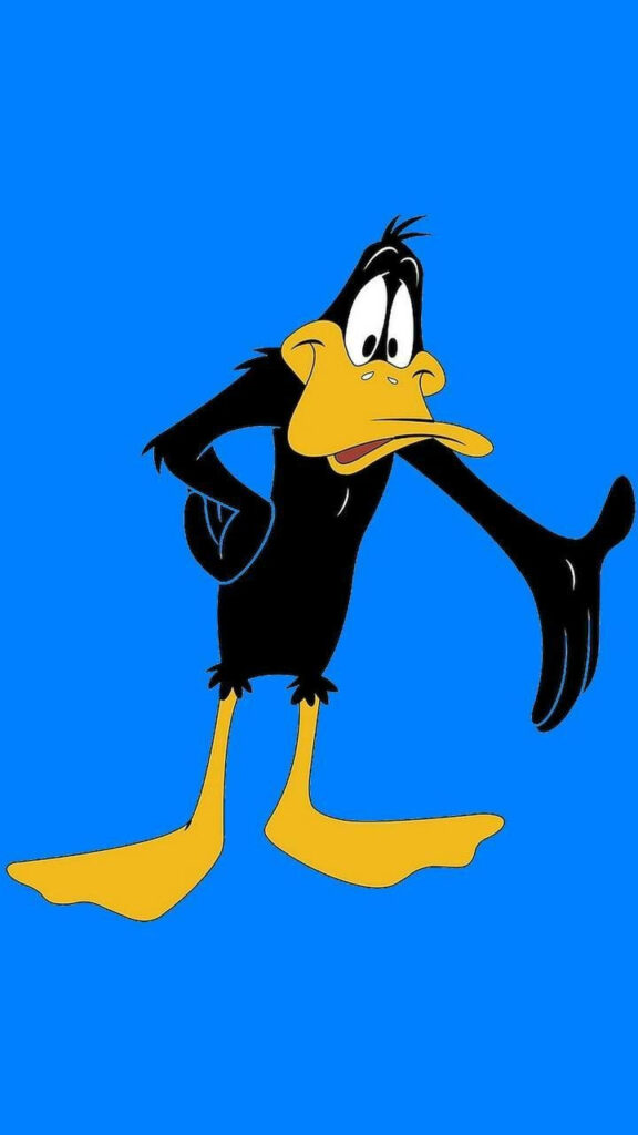Minimalist Daffy Duck cartoon wallpaper with vibrant blue background and classic black feathers