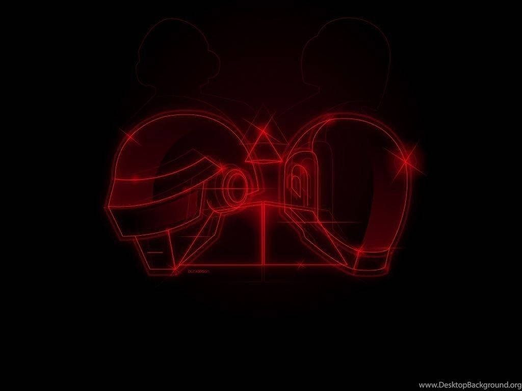 Minimalist Daft Punk red neon wireframe helmets forming geometric pyramid on black background Wallpaper