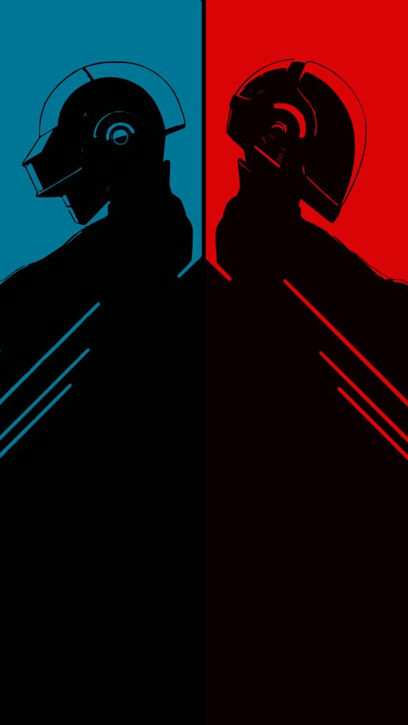 Minimalist Daft Punk wallpaper with iconic helmet silhouettes on bold blue and red background