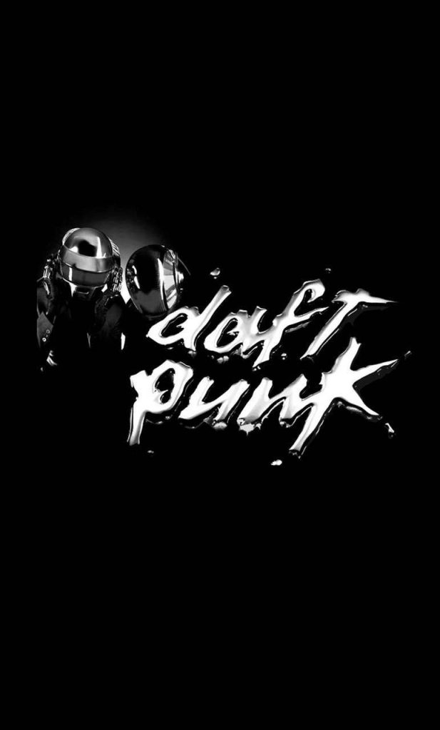 Minimalist Daft Punk wallpaper with robotic helmets and liquid chrome silver logo on black background