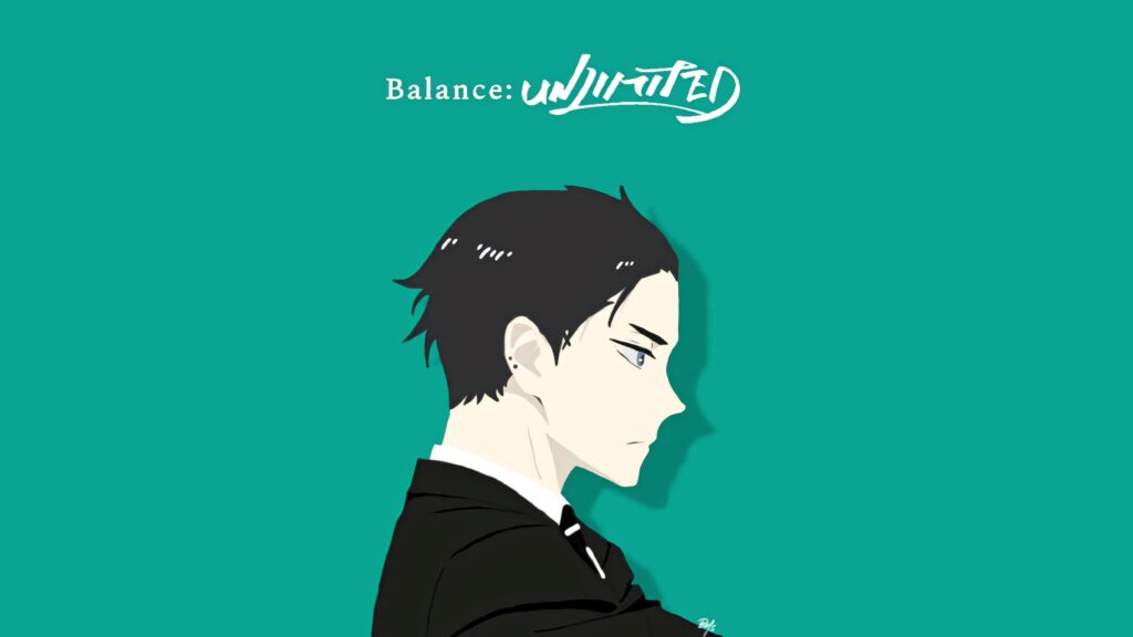 Minimalist side profile of Daisuke Kambe Fugou Keiji Balance Unlimited on solid teal background Wallpaper