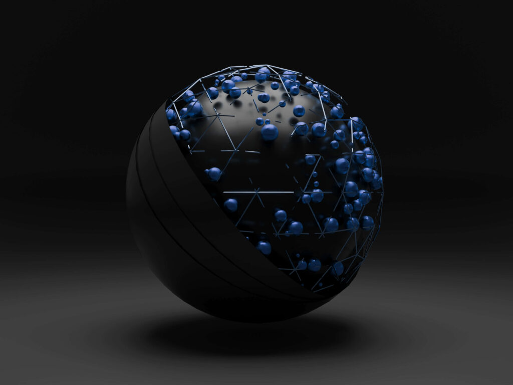 Minimalist Dark 3D Sphere Wallpaper with Blue Geometric Mesh