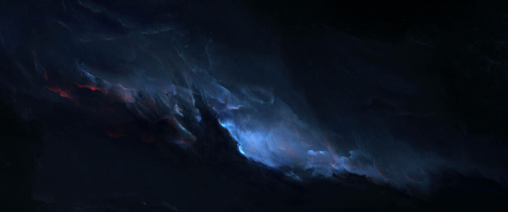 Dark Minimalist Wallpaper with Ethereal Blue and Red Wisps - 3440x1440