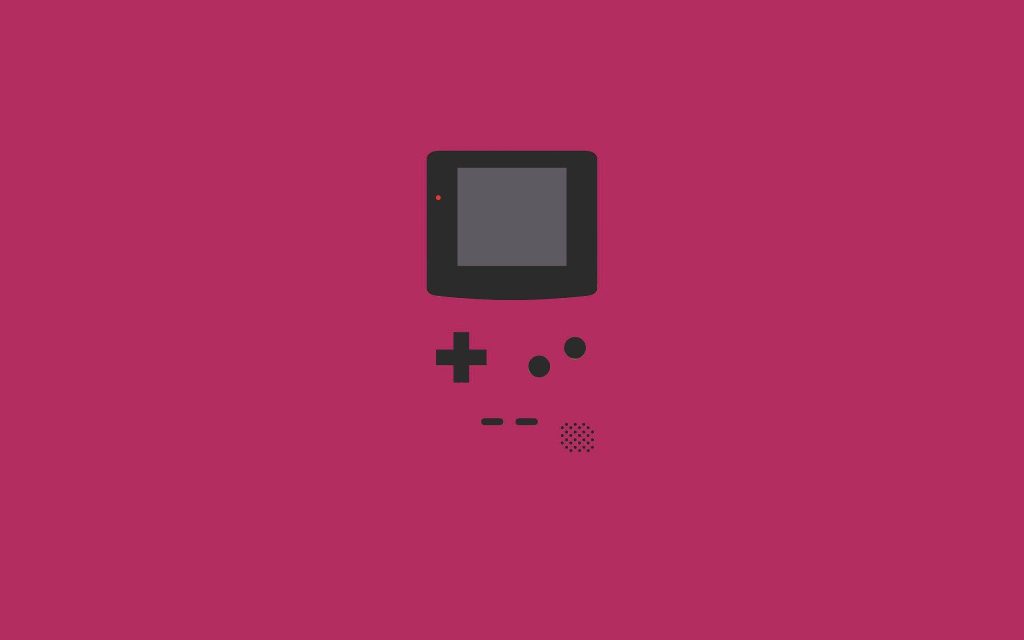 Minimalist dark gray Game Boy on vibrant maroon background retro gaming wallpaper design