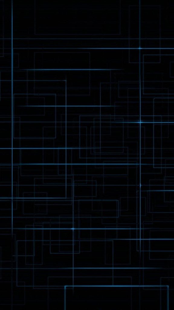 Minimalist dark mobile wallpaper with neon blue grid and abstract geometric rectangles design