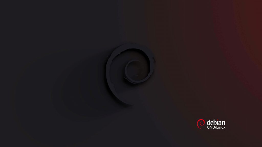 Minimalist Debian wallpaper dark spiral with gradient background and Debian GNU Linux logo