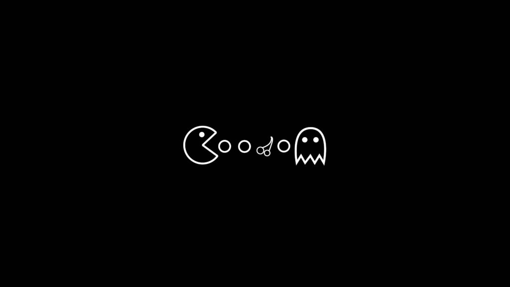 Minimalist Dark Wallpaper: Pac-Man Chasing Dots & Ghost