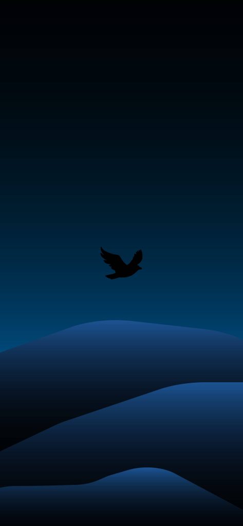 Minimalist dark wallpaper with bird silhouette over abstract blue dunes in deep navy tones