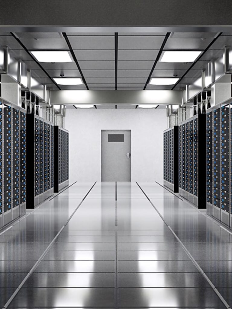 Minimalist data center with sleek server racks and glossy floor under soft modern lighting Wallpaper