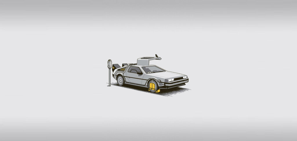Minimalist DeLorean time machine wallpaper next to parking meter on light background background
