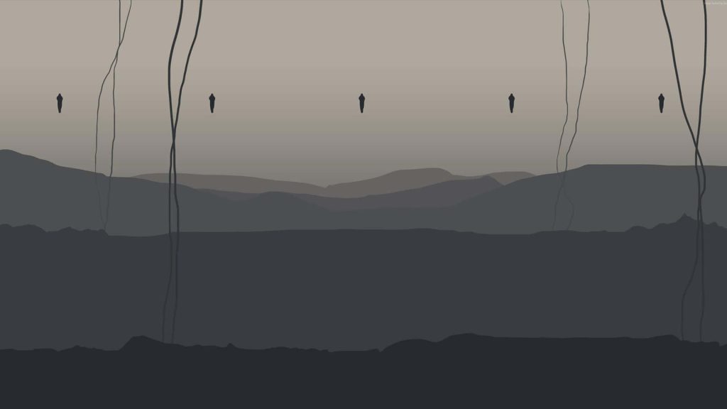 Minimalist Death Stranding wallpaper with eerie floating BT silhouettes over muted hills landscape