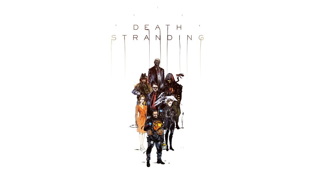 Minimalist Death Stranding wallpaper with Sam Porter Bridges and core cast on white background