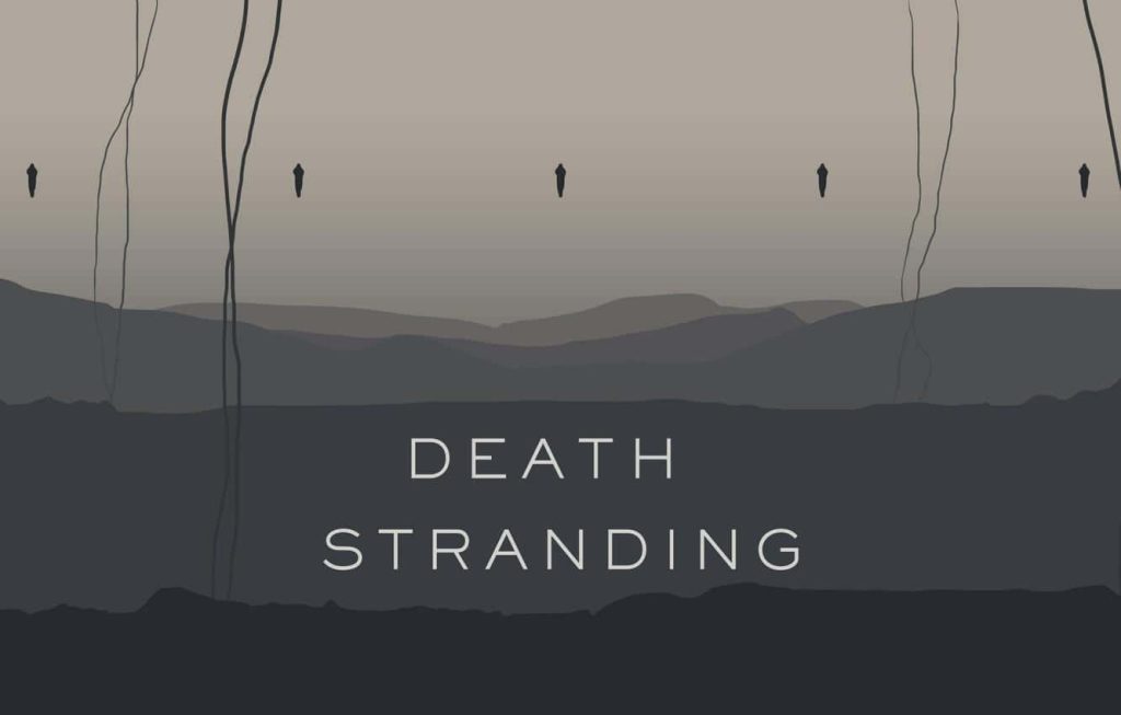 Minimalist Death Stranding wallpaper with layered silhouetted mountains and hanging strands in greyscale