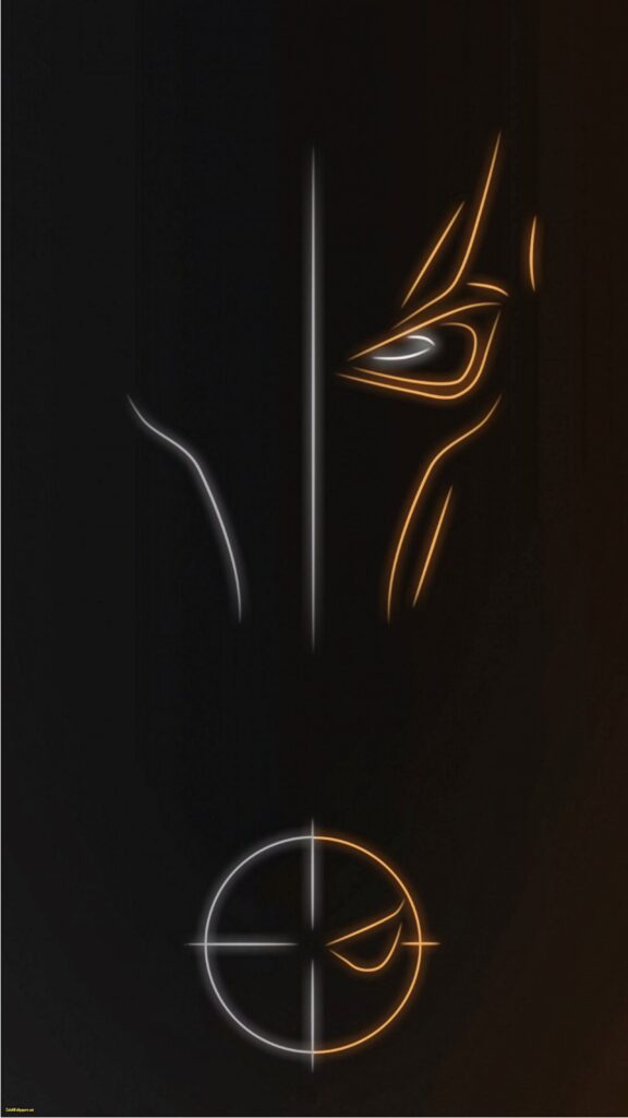 Minimalist Deathstroke wallpaper with neon orange and gray mask outline on dark target background