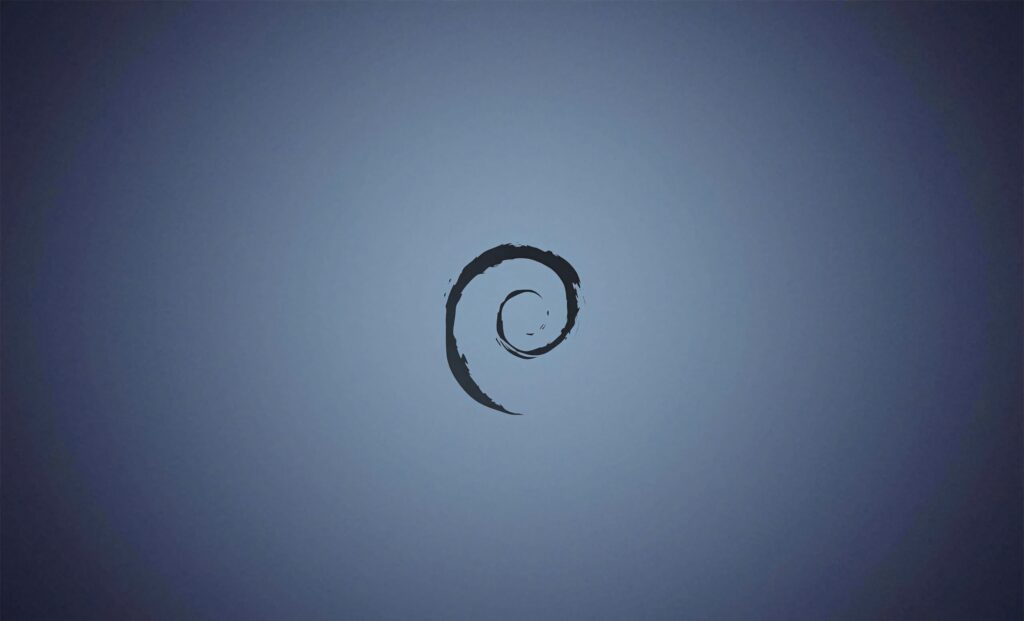 Minimalist Debian swirl logo on blue gradient background sleek Linux open-source wallpaper