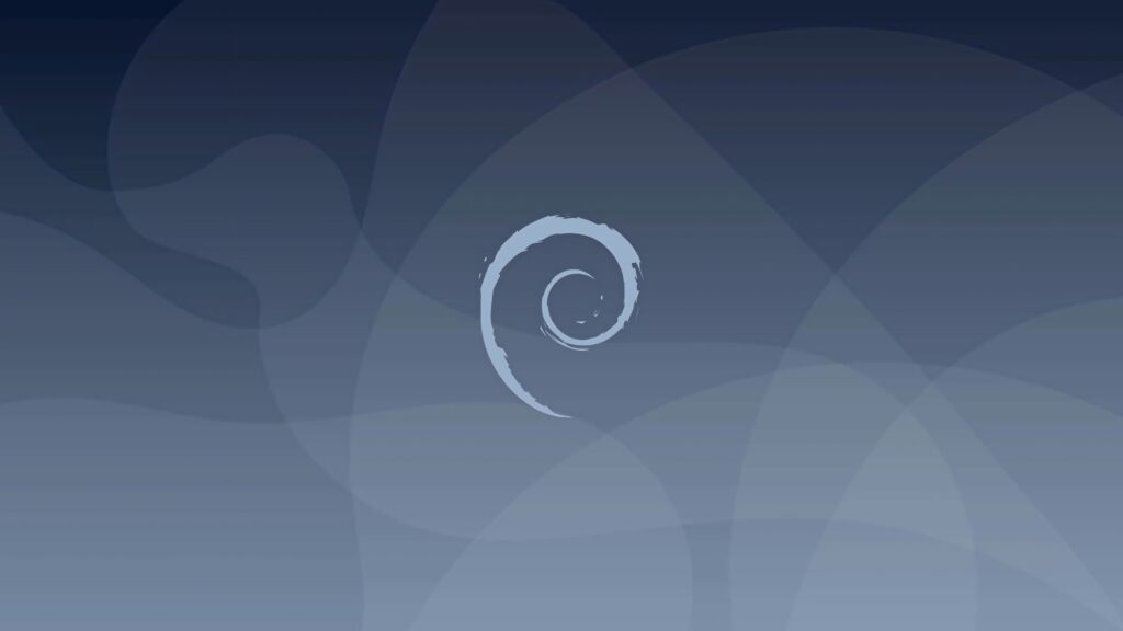 Debian swirl logo in white on smooth blue layered gradient tech wallpaper background