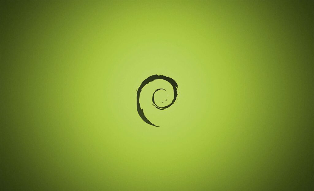 Minimalist Debian wallpaper with black swirl logo on smooth green gradient background modern design