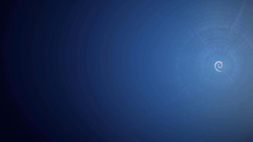 Debian wallpaper with blue gradient and illuminated swirl logo in upper right corner minimalist design