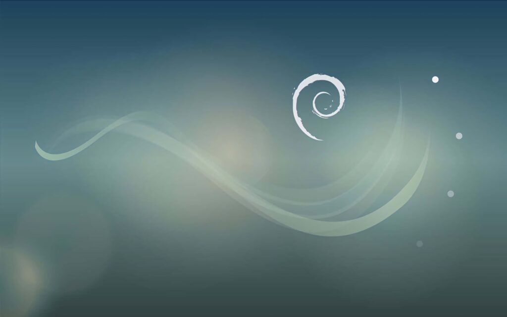 Minimalist Debian wallpaper with blue green gradient and white swirl logo abstract flowing lines