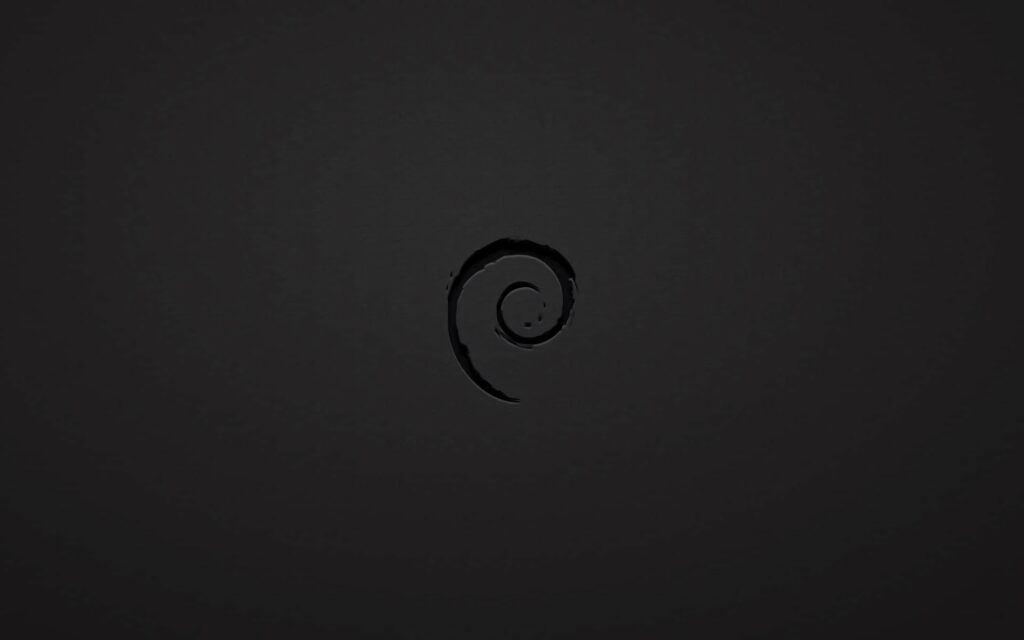Minimalist Debian wallpaper with embossed swirl logo on dark textured background for tech fans