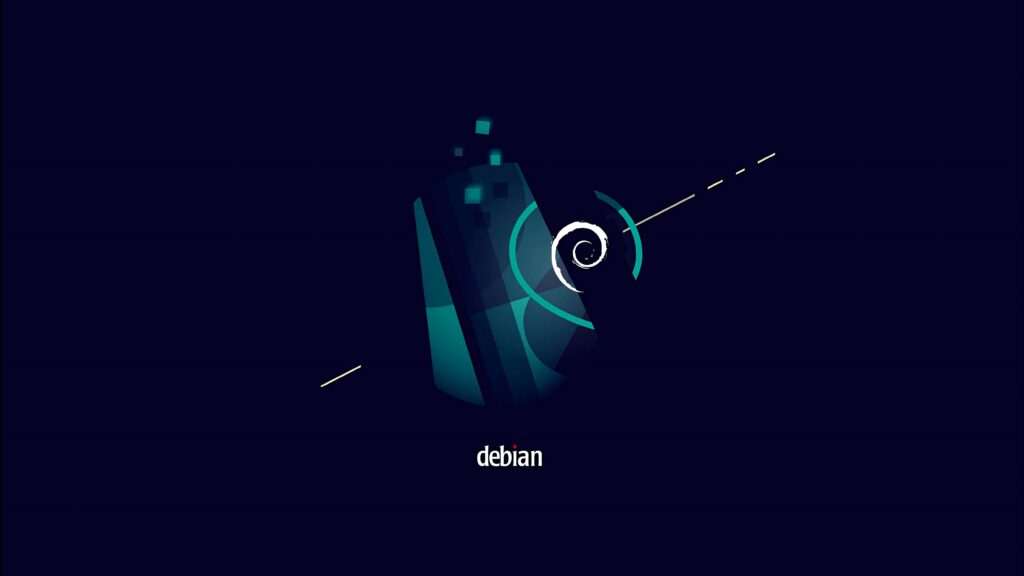 Debian wallpaper with modern abstract blue and green geometric shapes and iconic swirl logo