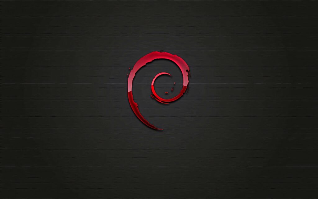 Debian wallpaper with red swirl logo on textured dark background highlighting open source OS