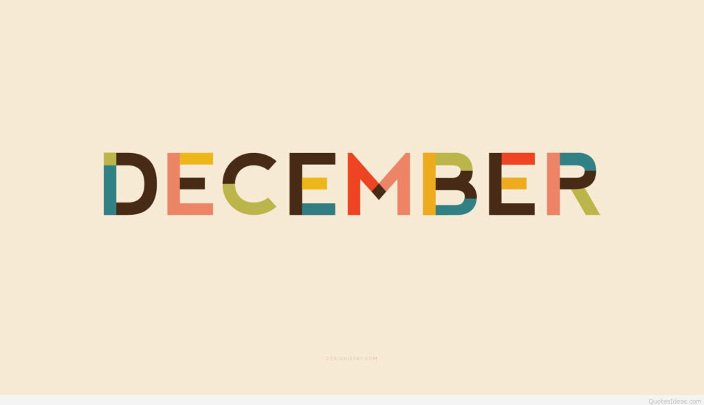 Minimalist December wallpaper with bold colorful block letters on soft beige retro modern background