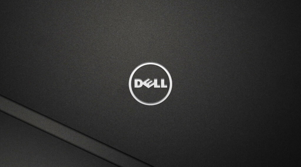 Minimalist Dell wallpaper with centered logo on dark gray textured background and geometric lines