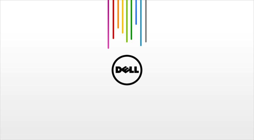 Minimalist Dell wallpaper with white background colorful vertical lines and centered Dell logo