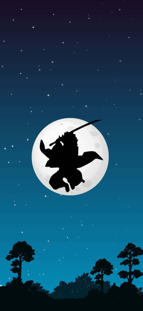 Silhouette Sword Character from Demon Slayer Against Starry Moon Background Wallpaper