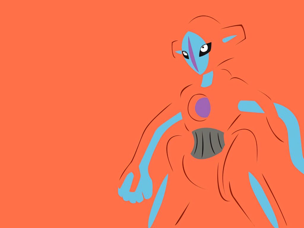 Minimalist Deoxys Normal Form wallpaper with vibrant orange background and blue purple accents