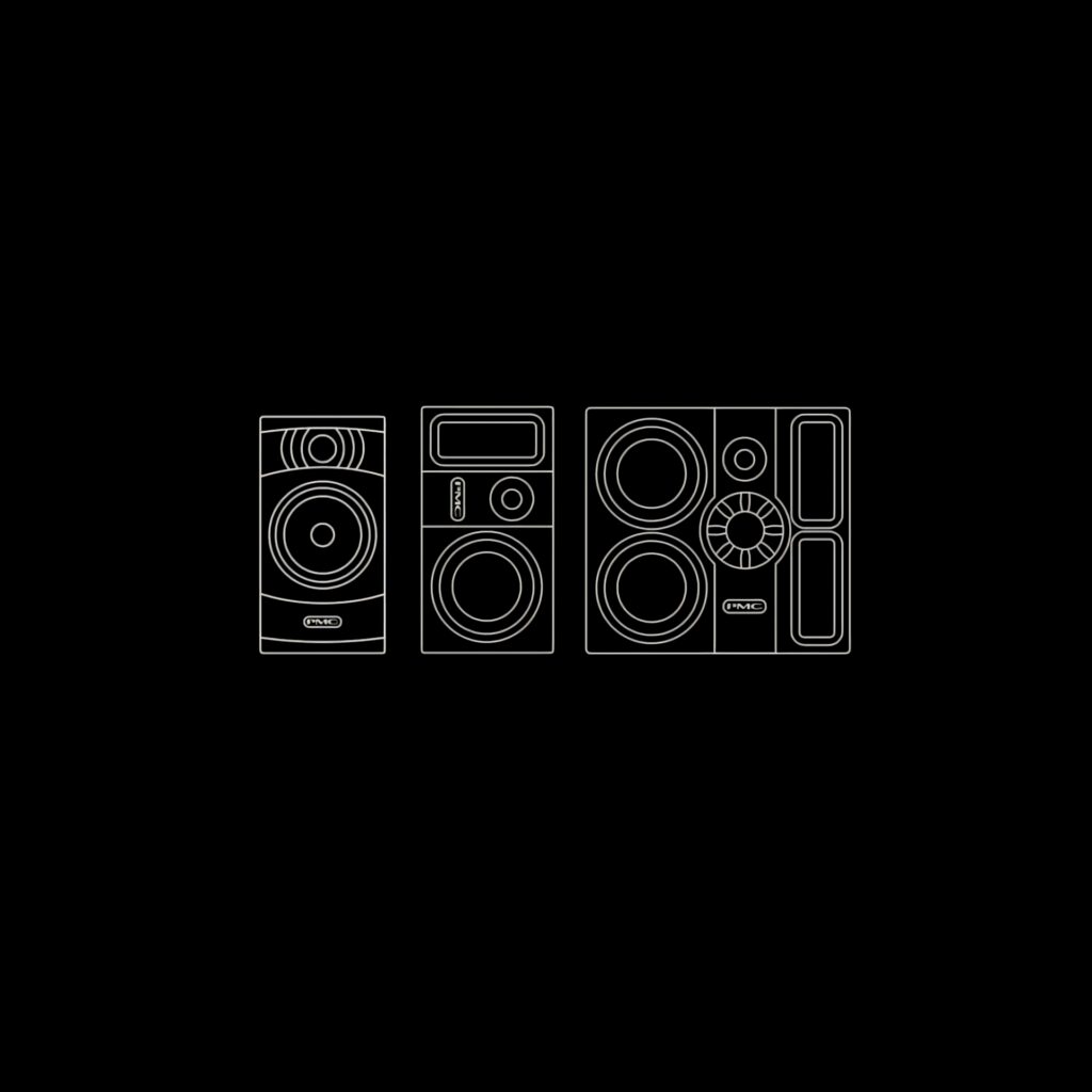 Minimalist Line Art Wallpaper of Three Sleek Speaker Models