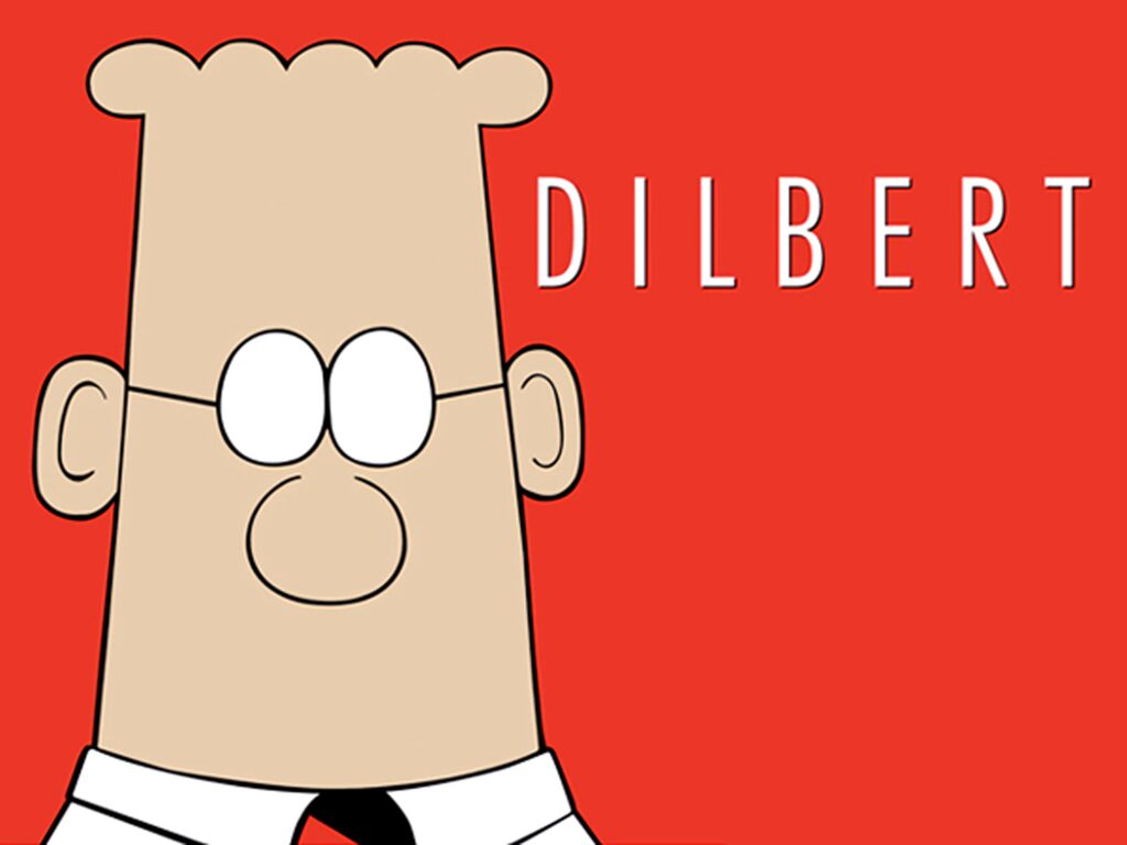 Minimalist Dilbert wallpaper with bold red background iconic glasses and tie comic style poster