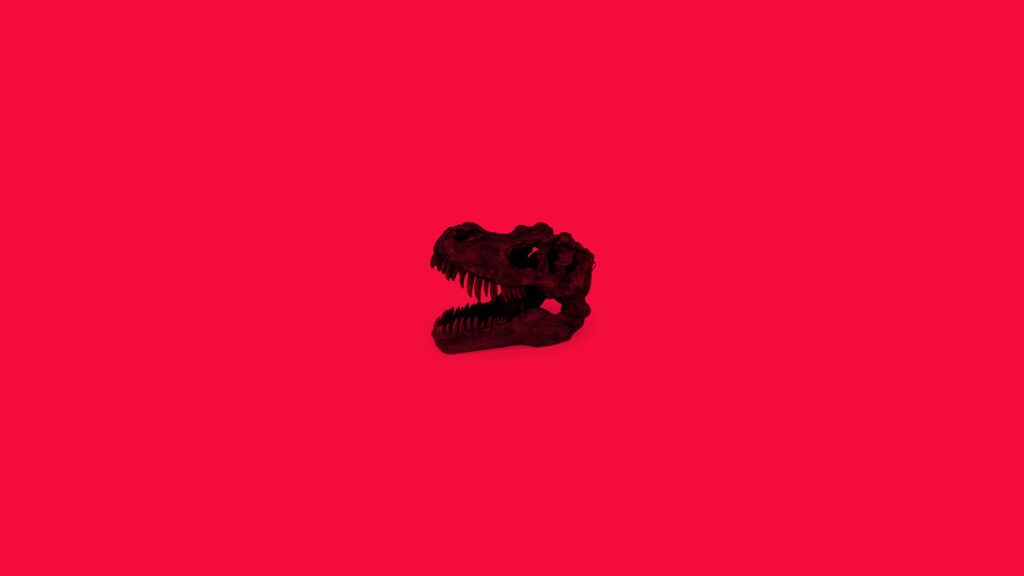 Minimalist Black Dinosaur Skull Wallpaper on Bold Red Background