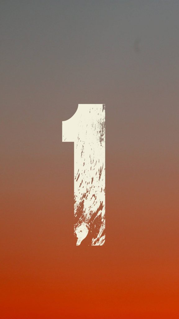 Minimalist wallpaper with distressed white number one on grey to orange vertical gradient background