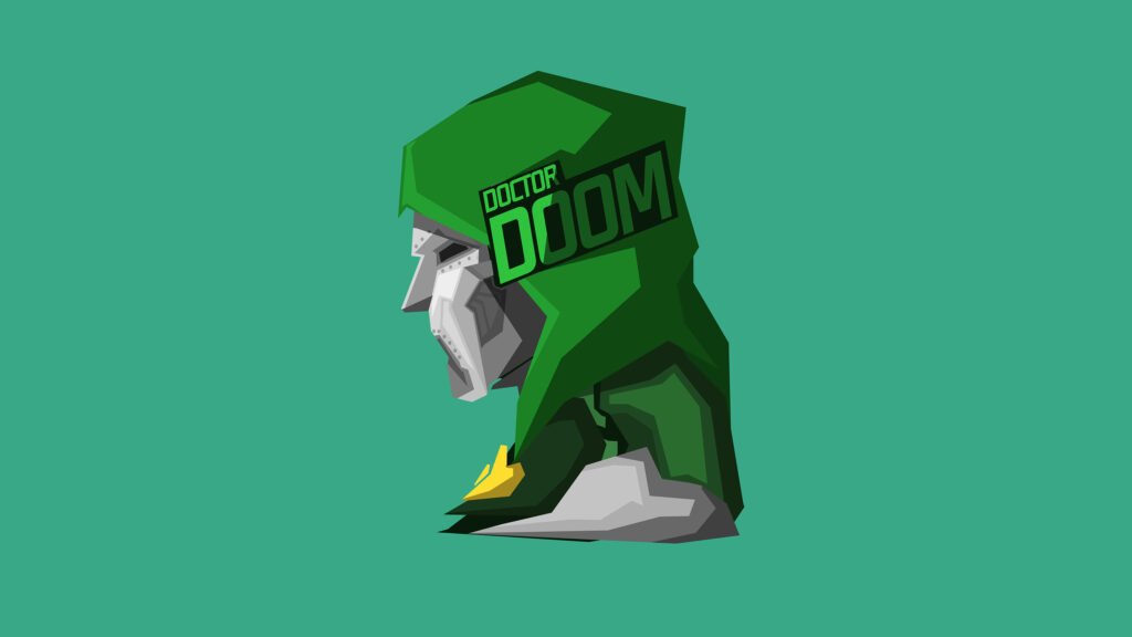 Minimalist Doctor Doom wallpaper with green gray geometric mask and modern clean background