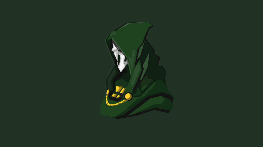 Minimalist Doctor Doom wallpaper with geometric design green hood metallic mask gold accents dark background
