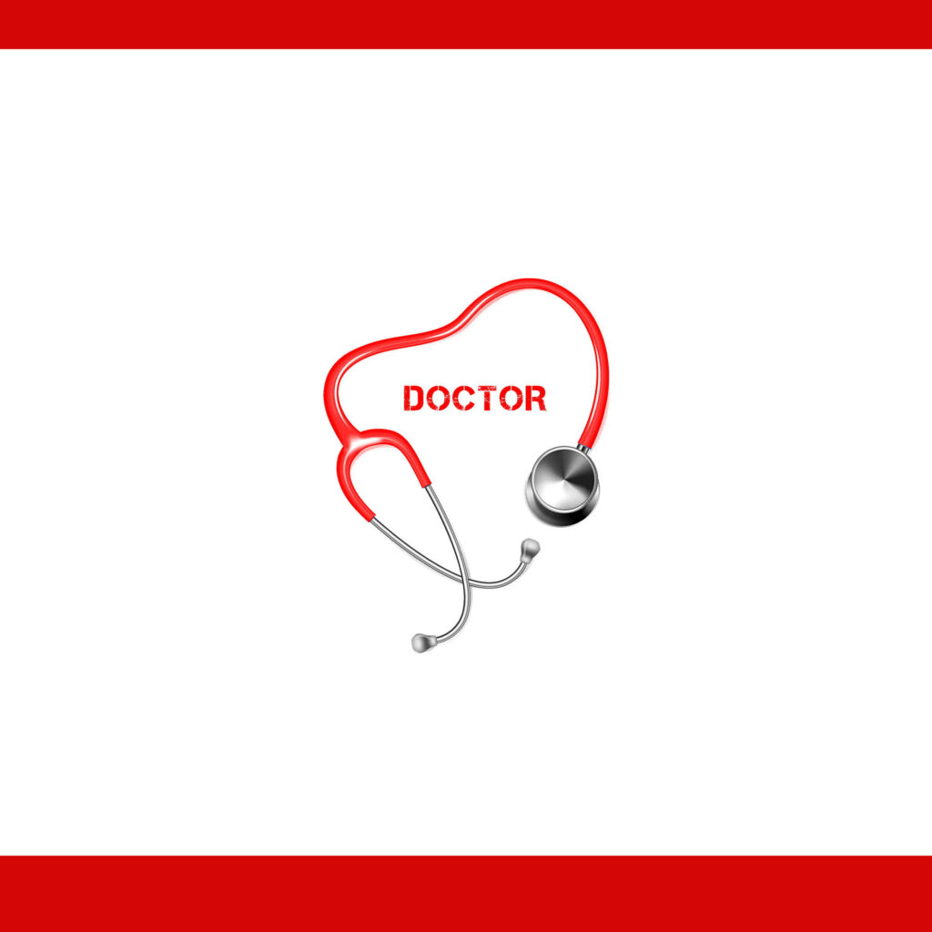 Minimalist doctor wallpaper with red heart stethoscope around DOCTOR text on white background