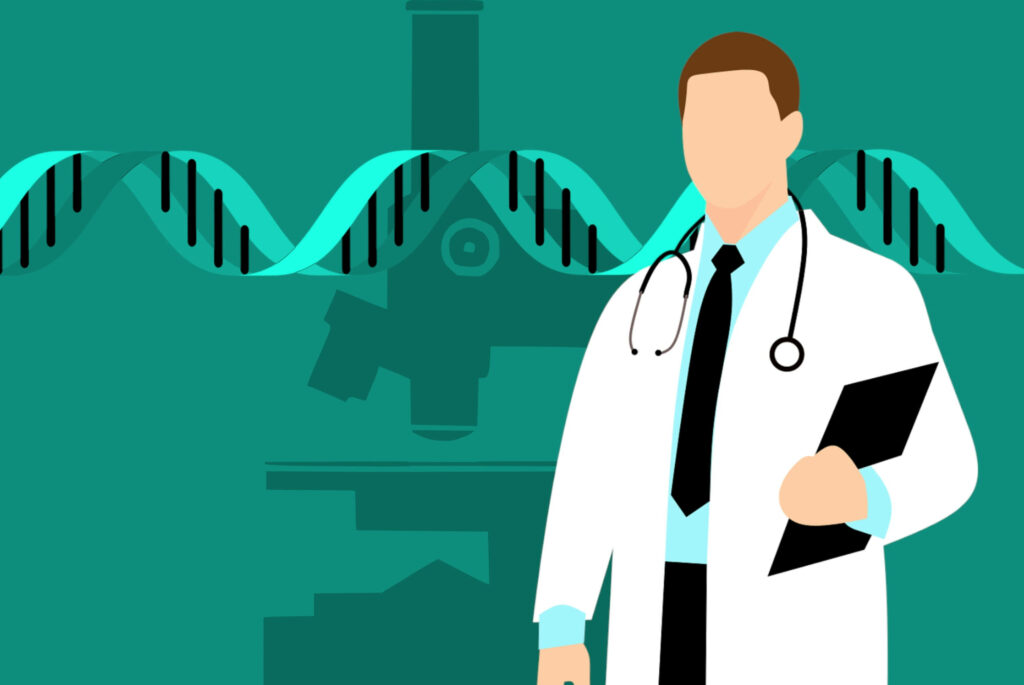 Faceless doctor with clipboard microscope and DNA strand on teal background medical research wallpaper