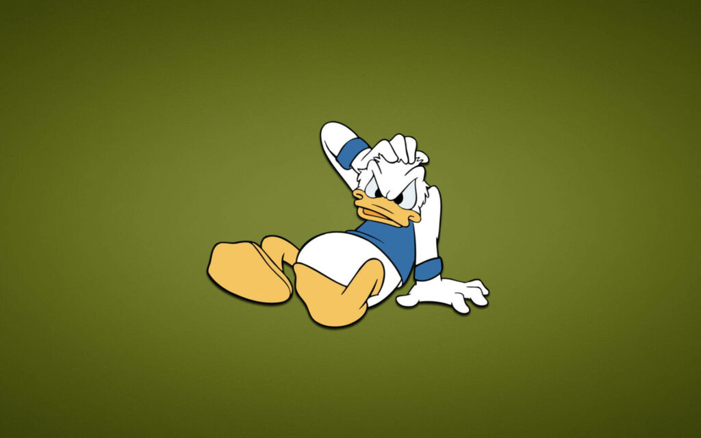 Minimalist Donald Duck illustration sitting on ground olive green background wallpaper design