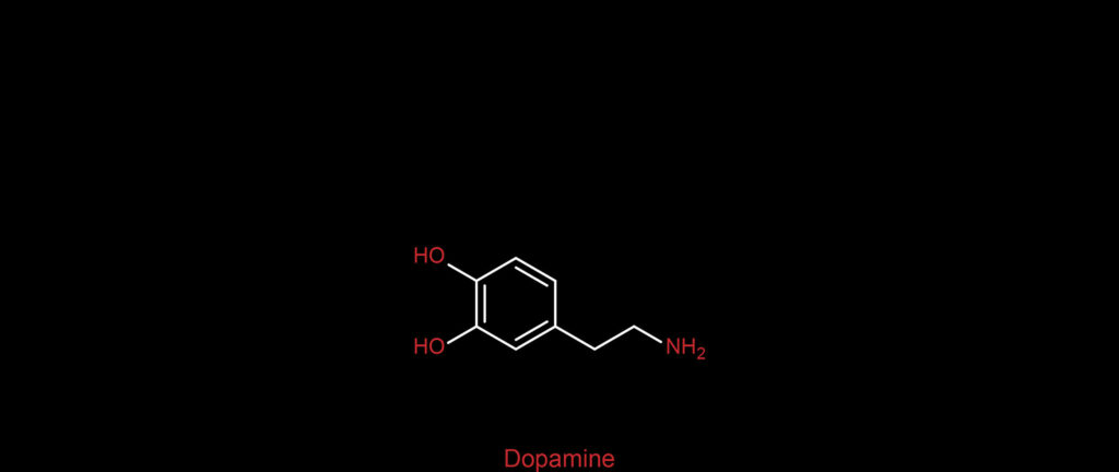 Minimalist dopamine molecule wallpaper with white structural formula and red label on black background