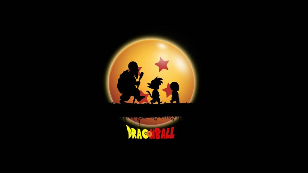 Minimalist Dragon Ball wallpaper with silhouettes of Goku Krillin and Master Roshi and glowing Dragon Ball