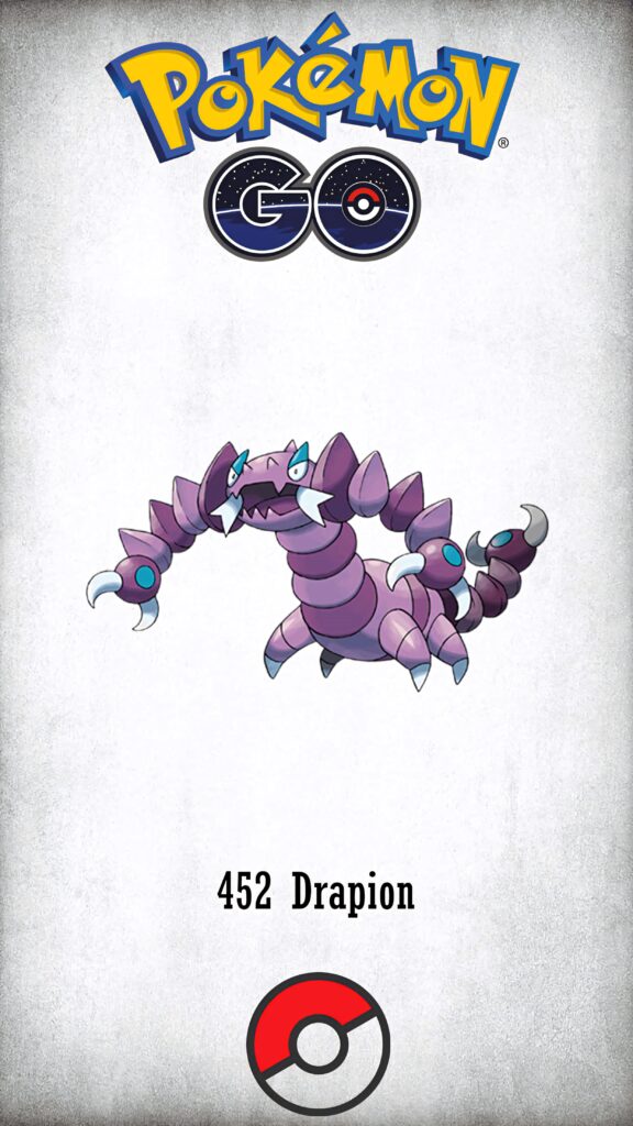 Minimalist Drapion Pokémon Go wallpaper featuring fierce purple Poison Dark-type Pokémon on white