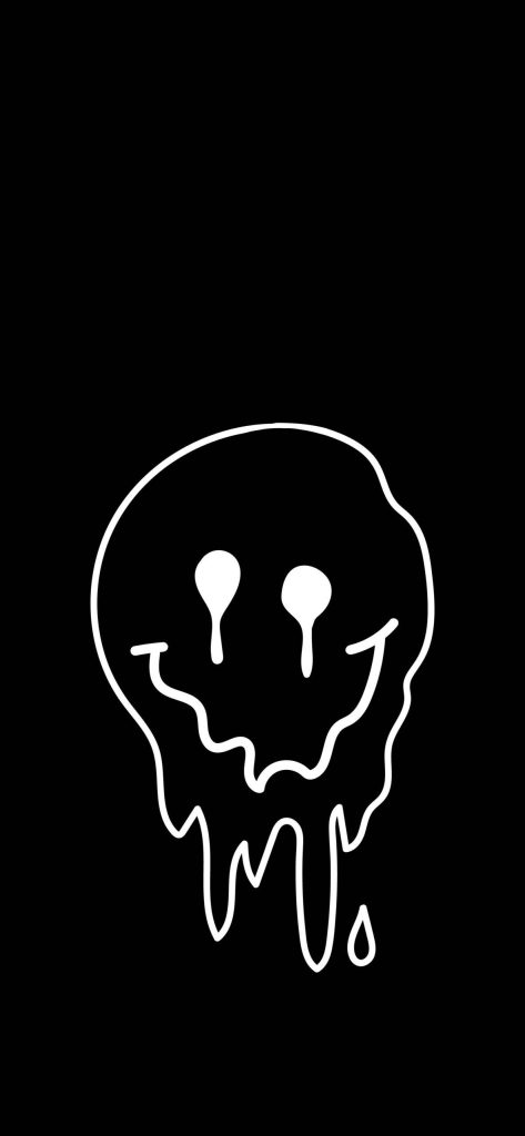 Minimalist white line-art melting smiley face on black background edgy modern wallpaper design