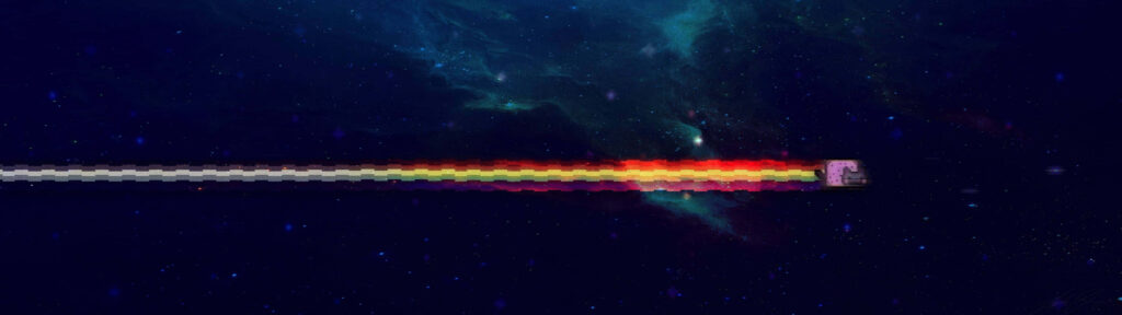 Cosmic Dual Monitor Wallpaper: Pixelated Rainbow on Starry Night