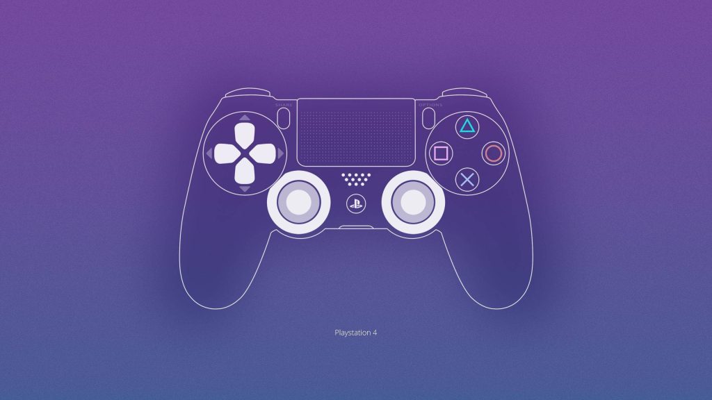 Minimalist white DualShock 4 controller outline on smooth purple gradient gaming wallpaper background
