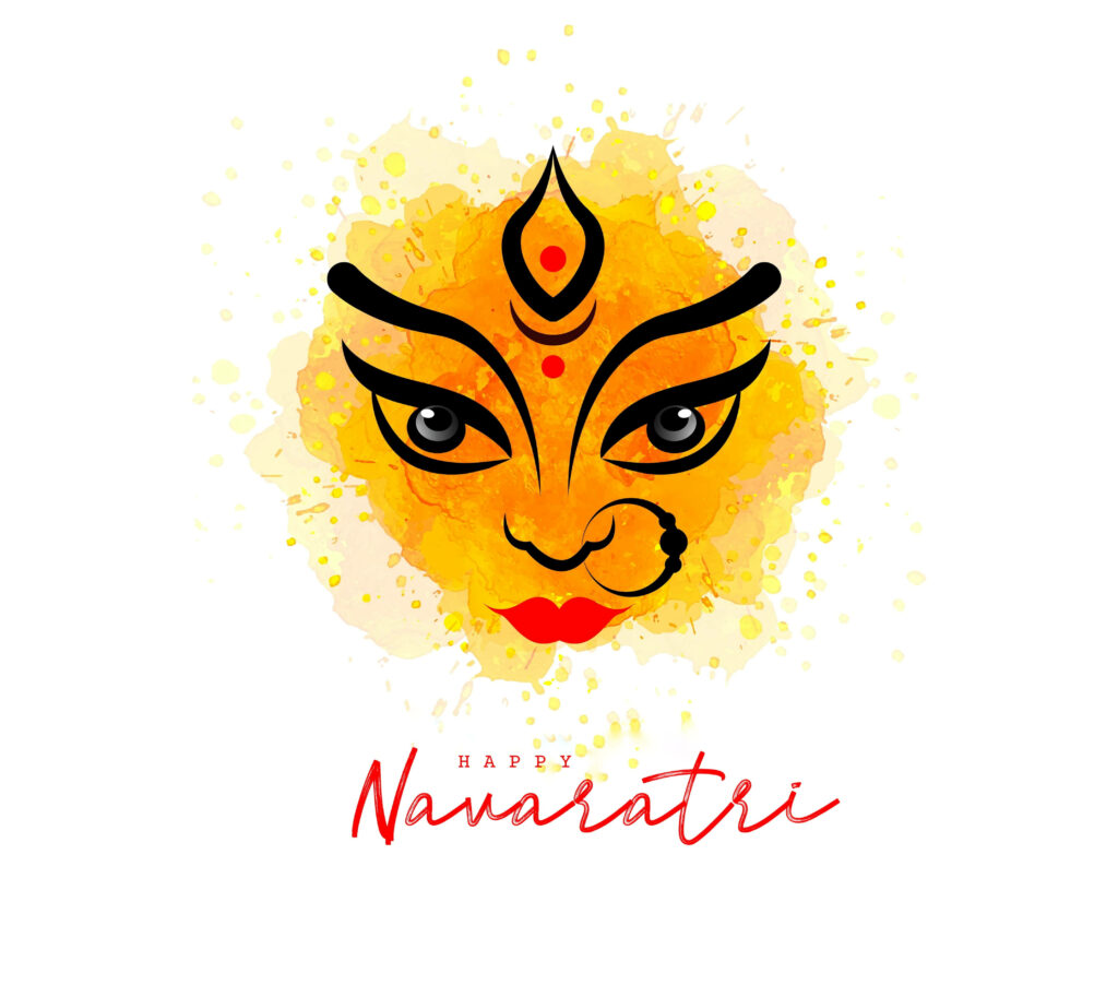 Minimalist Durga Devi illustration with vibrant yellow watercolor background for Navaratri wallpaper